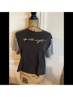 “UP ALL NIGHT” Sequence halter half top t shirt size XL BY MIGHTY FINE